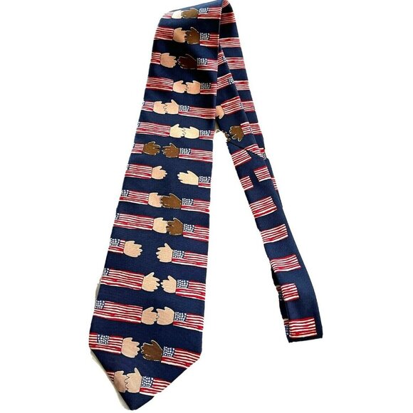 Save The Children Collection Silk Tie With American Flag & Handshake Pattern - Picture 1 of 5